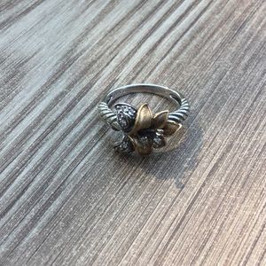 Sterling Silver White Sapphire Flower Ring With Gold Accents